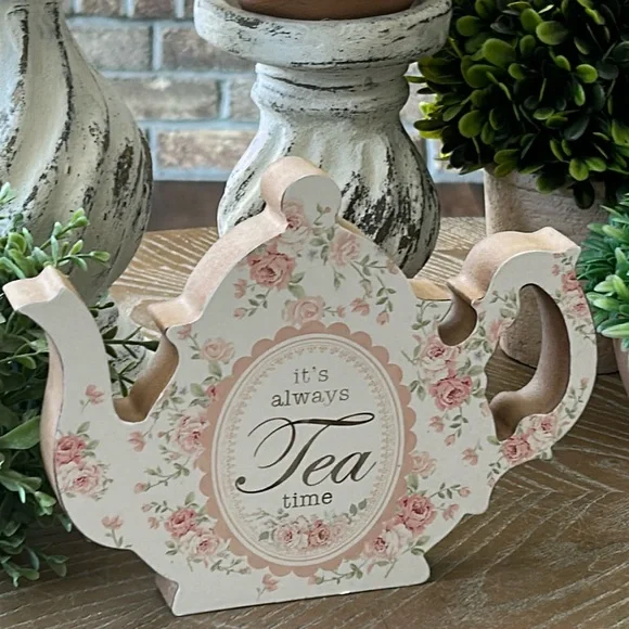 NEW!! Shabby Chic Cottage Farmhouse Teapot Tea Time Floral Pink Roses Wood Sign - Picture 4 of 6